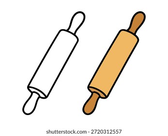 Ilustración de rodillo simple con una versión de color y una versión de contorno, estilo limpio y mínimo adecuado para iconos, pegatinas, gráficos de cocina, contenido para niños y páginas para colorear.