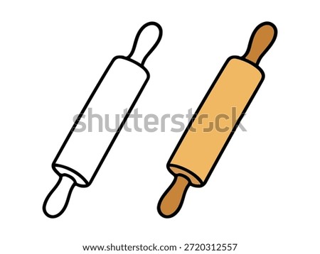 Simple rolling pin illustration with a colored version and an outline version, clean and minimal style suitable for icons, stickers, kitchen graphics, kids content, and coloring pages.