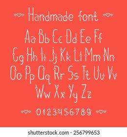 Simple romantic hand drawn font with hearts. Complete abc alphabet set. Vector letters and numbers. Doodle typographic symbols.