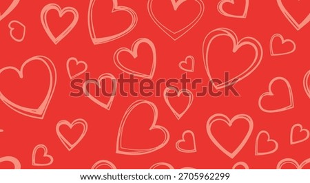 Simple and romantic seamless background pattern with hand-drawn sketchy hearts in light pink on a solid bright red color.