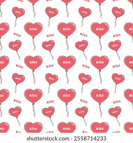 A simple romantic seamless pattern of balloons in the form of hearts and a kiss inscription, for packaging for Valentine's day, weddings. Background with hearts.