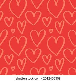 Simple romantic seamless pattern with hand drawn heart sketch doodles on red background. Cute backdrop for Valentines day, wedding