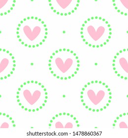 Simple romantic seamless pattern. Repeated cute print with hearts and dots. Vector illustration.
