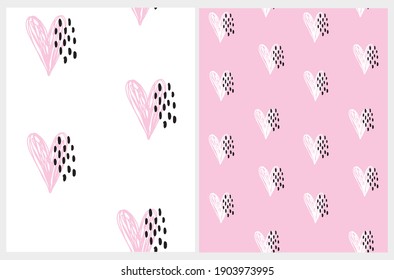 Simple Romantic Seamless Vector Pattern with Hand Drawn Hearts and Spots Isolated on a Pastel Pink and White Background. Doodle Print ideal for Fabric, Textile, Wrapping Paper.  