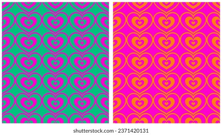 Simple Romantic Seamless Vector Pattern with Magenta and Orange Hearts Isolated on a Vivid Pink and Green Background. Modern Repeatable Design with High Contrast Colors. RGB.