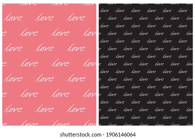 Simple Romantic Seamless Vector Patterns with White Handwritten Love Isolated on a Red and Black Background. Funny Striped Print ideal for Fabric, Wrapping Paper.Valentien's Day Template.