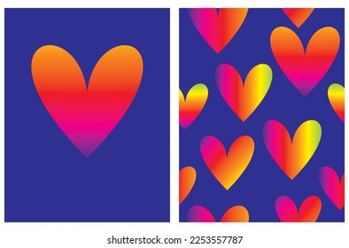 Simple Romantic Seamless Vector Patterns and Illustration with Colorful Hearts on a Dark Blue Background. Multicolor Heart Prints ideal for Fabric, Textile, Wrapping Paper. Valentine's Day Card.