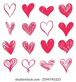 simple romantic set of simple decorative red hand drawing hearts drawn with pencil on white background