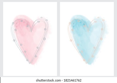 Simple Romantic Vector Illustation with Pastel Pink and Light Blue Hearts Isolated on a White Background. Sweet Valentine's Day Card. Infantile Style Hand Drawn Hearts