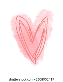 Simple Romantic Vector Illustration with Abstract Watercolor Heart With Red Scribbles. Romantic Card with Pastel Pink Hearts on a White Background. Funny Modern Valentine's Day Print. RGB. No text.