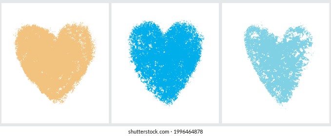 Simple Romantic Vector Illustration with Big Irregular Shape Hearts. Lovely Nursery Art with Yellow and Blue Chalk Hearts Isolated on a White Background. Funny Infantile Style Valentine's Day Print.