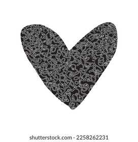 Simple Romantic Vector Illustration with Black Heart made of messy Scribbles on a White Background. Hand Drawn Print with Complicated Love Symbol ideal for Card, Poster, Wall Art. 