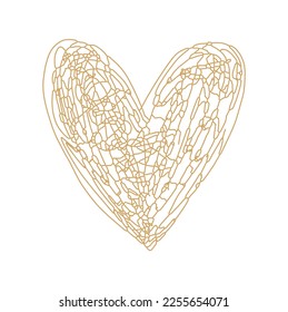 Simple Romantic Vector Illustration with Gold Heart Isolated on a White Background. Sketched Heart Print ideal for Wall Art, Poster, Greetings. Cool Valentine's Day Card. Heart made of Lines.