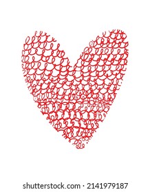 Simple Romantic Vector Illustration with Red Heart Made of Scribbles Isolated on a White Background. Abstract Woollen Love Symbol ideal for Card, Wall Art, Poster, Valentine's Day Decoration.
