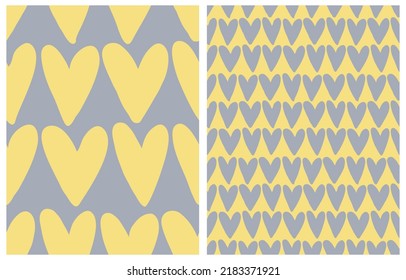Simple Romantic Vector Seamless Pattern with Hand Drawn Hearts on an Ultimate Gray and Illuminating Yellow Background. Irregular Repeatable Print with Yellow and Gray Love Symbol.Cool Modern Patterns.
