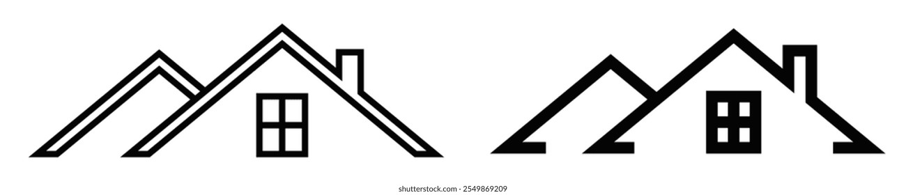 Simple roofline icon of houses with windows in line style. Editable stroke.