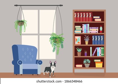 Simple room design with Boston terrier, art chair and house plants illustration.