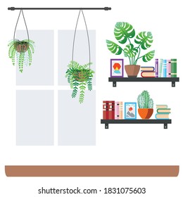 Simple room interior with bookshelf and house plants illustration.