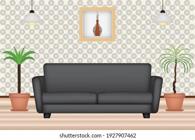 Simple room with sofa and plants on floor, canvas painting  and tapestry wallpaper background, vector illustration