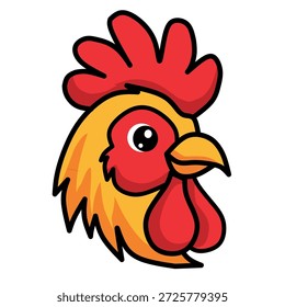 Logotipo de la mascota cabeza de gallo simple. Ilustración minimalista de dibujos animados de pollo. Carácter de Perfil de aves de corral. Diseño de logotipo de reloj amarillo y rojo. Gráfico de Vector de animales de granja. Mascota limpia para la comida 