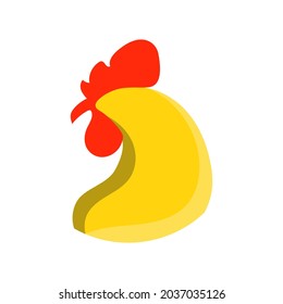 Logotipo simple del gallo en color gradiente rojo y amarillo, vector geométrico, tipografía moderna. Logo del negocio de la granja de pollos y aves de corral. Ganado, huevo, carne. marca de empresa. Fondo aislado.