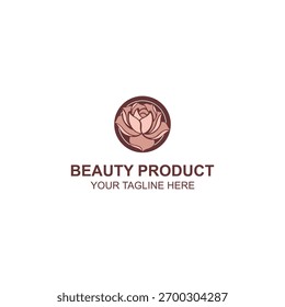 Design de logotipo de flor de rosa simples dentro de um círculo com tons de rosa suave e marrom para uma marca de cosméticos ou cuidados com a pele.