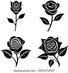 Simple Rose Icon with Curved Stem and Two Leaves – Elegant Floral Design for Decorative and Botanical Use