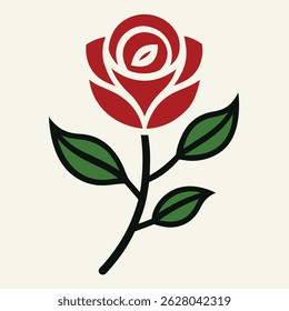 Un simple icono de rosa con un tallo curvo y dos hojas,