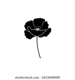 Rosa simples em uma haste curta, mostrada como um ícone de silhueta preto sólido. Gráfico minimalista para amor, romance ou marca de beleza.