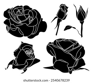 Simple rose silhouette set. Half-opened, half-blossomed, fully open and buttons. Black solid shapes, isolated contour on white. Coloring book page, line art, illustration, digital, card, Valentine