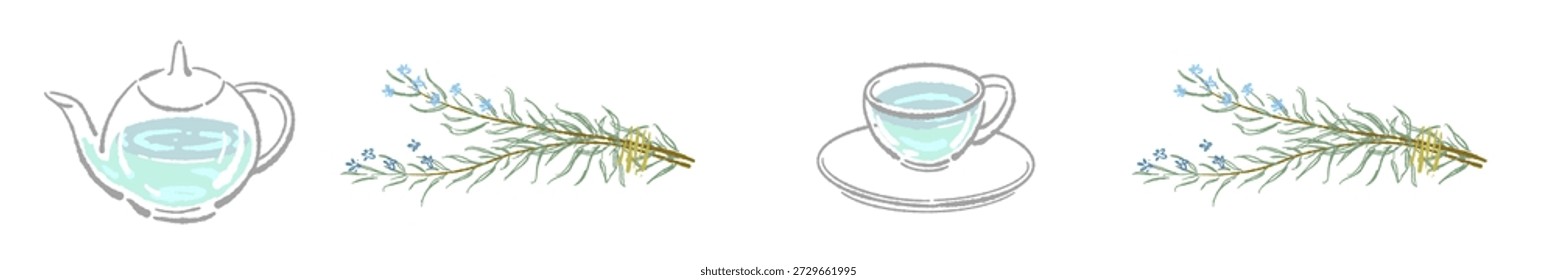 Simple Rosemary Tea Set Line Vector