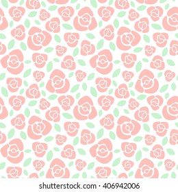 Simple roses floral vector seamless pattern. Flat design red roses with leaves texture. Soft pastel colors.
