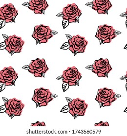 Simple roses pattern on white background. Line art flower back drop. Perfect for textile.