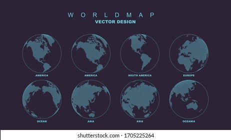 Simple round dot world map divided by continent