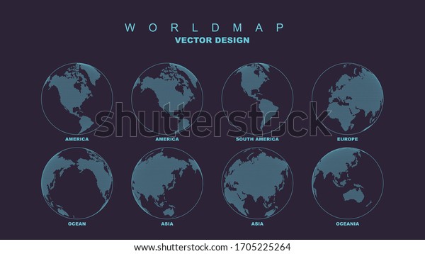 Simple round dot\
world map divided by\
continent