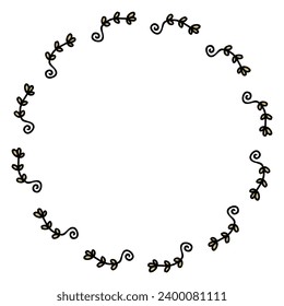 Simple round empty frame with hand drawn branches. Perfect for sticker, card, poster. Freehand doodle isolated vector illustration.




