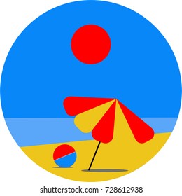 Simple round flat illustration of a beach scene in vivid colors