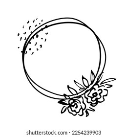 Simple round floral frame with black outline. Roses and peonies, romantic style. Vector drawing.