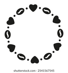 Simple round frame with coffee and hearts in flat style. Circle coffee beans vector design. Decorative element for cafe and restaurant menu, banners, posters, invitations, packaging
