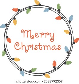 Simple round frame with colorful garland lights. Vector illustration for greeting cards, banners and other graphic design