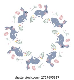 Marco redondo simple con conejitos lindos, corazones, huevos dispuestos en un anillo lacónico, moderno. Diseño minimalista y lúdico perfecto para Feliz Pascua, gráficos de Pascua, tarjetas, pegatinas e invitaciones. Vector