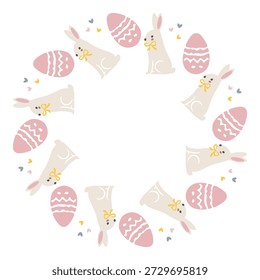 Quadro redondo simples com coelhinhos fofos, corações, ovos dispostos em um anel lacônico e moderno. Design minimalista e lúdico perfeito para a Páscoa Feliz, gráficos de Páscoa, cartões, adesivos e convites. Vetor
