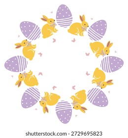 Marco redondo simple con conejitos lindos, corazones, huevos dispuestos en un anillo lacónico, moderno. Diseño minimalista y lúdico perfecto para Feliz Pascua, gráficos de Pascua, tarjetas, pegatinas e invitaciones. Vector