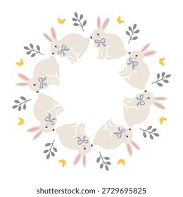 Simple round frame with cute bunnies, hearts, eggs arranged in a laconic, modern ring. Minimalistic and playful design perfect for Happy Easter, Easter graphics, cards, stickers and invitations. Vector