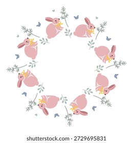 Marco redondo simple con conejitos lindos, corazones, huevos dispuestos en un anillo lacónico, moderno. Diseño minimalista y lúdico perfecto para Feliz Pascua, gráficos de Pascua, tarjetas, pegatinas e invitaciones. Vector