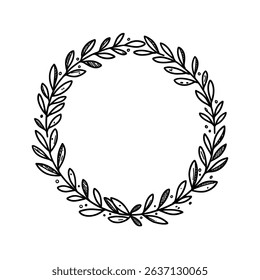 Simple round frame made of leaves. Twigs with foliage in a circle. Vector template for a greeting card or invitation. Design element. Freehand drawing.