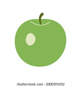 Simple round green apple with a twig, flat icon. Hand-drawn vector. Healthy lifestyle, vegetarianism. Ripe fresh fruit, horticulture. For juice packaging, illustrations, infographics, print, internet.