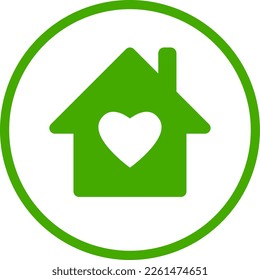 Simple Round Green House Icon with a Heart in Circle Badge Sticker Icon. Vector Image.