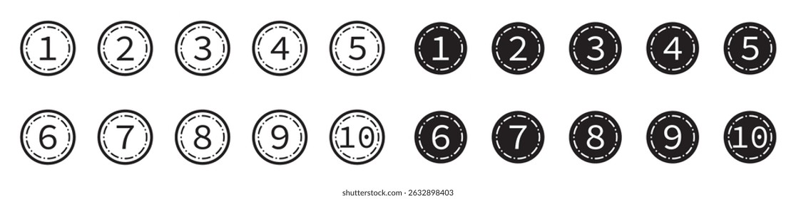 Simple round number symbol set in black flat vector style. Minimalist numeric icons for steps, lists, or labels.