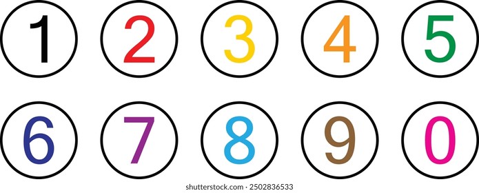 simple round numbers icon set of 0 to 9. number on outline circle vector illustration.